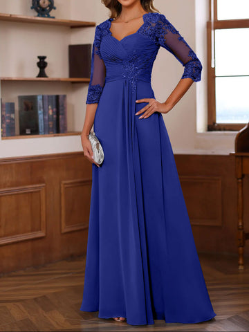 A-Line/Princess Sweetheart Neck 3/4 Length Sleeves Floor-Length Mother Of The Bride Dresses With Lace, Ruffles & Appliques