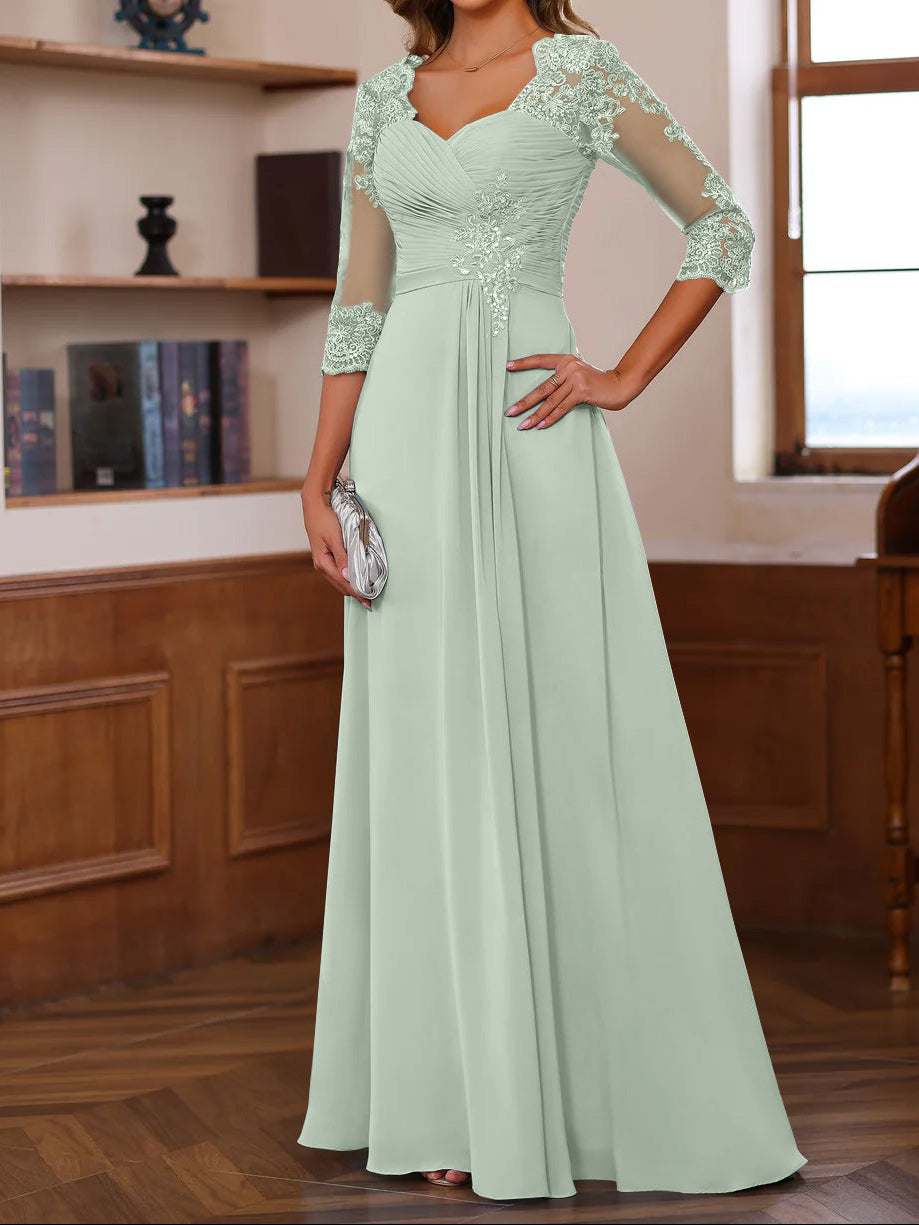 A-Line/Princess Sweetheart Neck 3/4 Length Sleeves Floor-Length Mother Of The Bride Dresses With Lace, Ruffles & Appliques