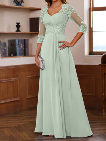 A-Line/Princess Sweetheart Neck 3/4 Length Sleeves Floor-Length Mother Of The Bride Dresses With Lace, Ruffles & Appliques
