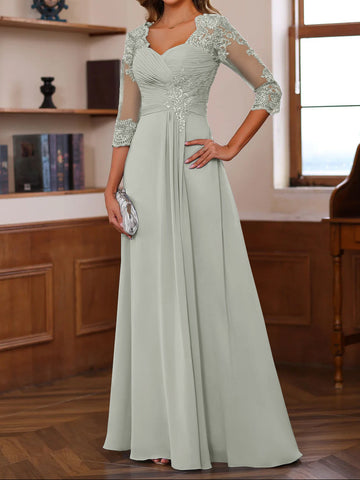A-Line/Princess Sweetheart Neck 3/4 Length Sleeves Floor-Length Mother Of The Bride Dresses With Lace, Ruffles & Appliques