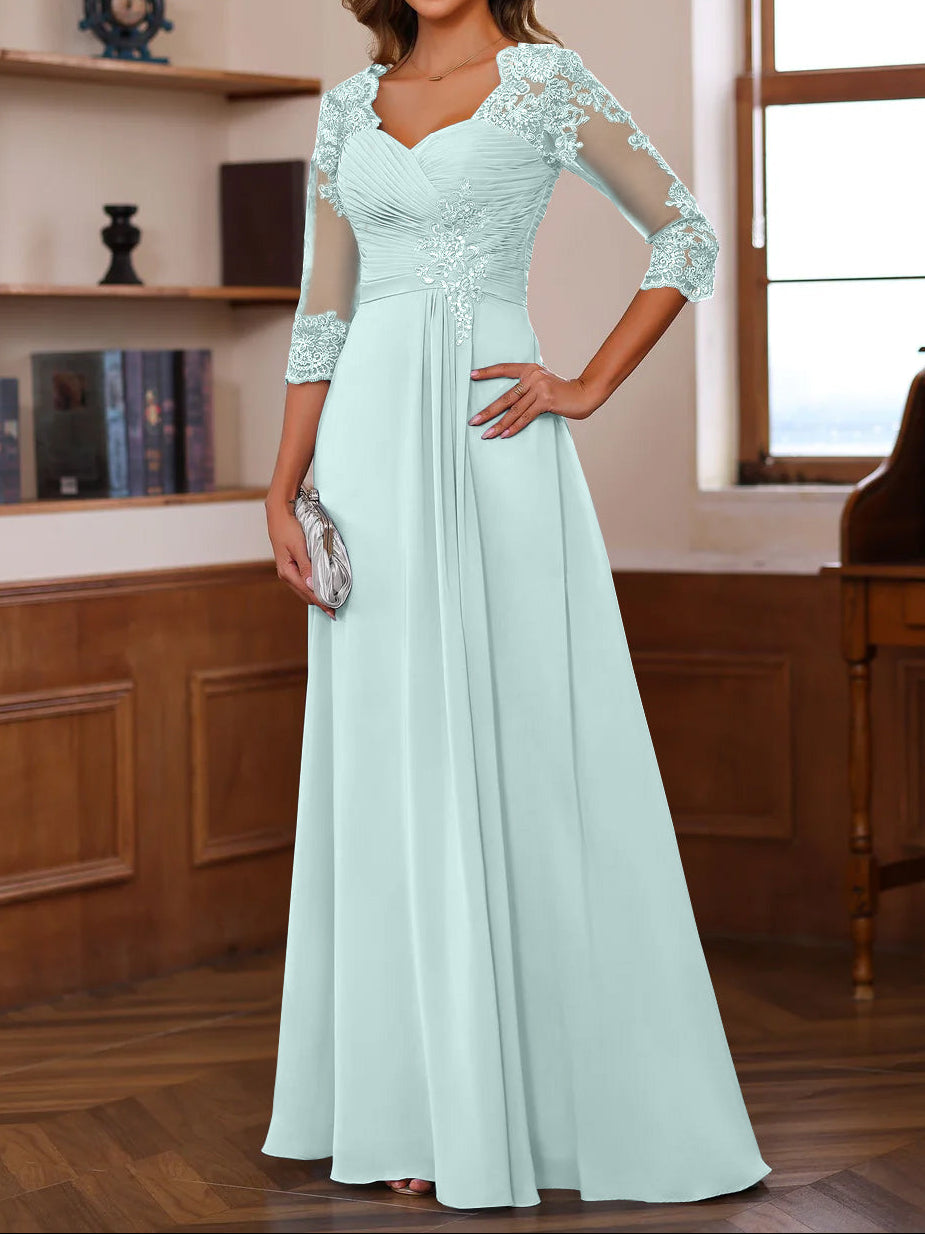 A-Line/Princess Sweetheart Neck 3/4 Length Sleeves Floor-Length Mother Of The Bride Dresses With Lace, Ruffles & Appliques