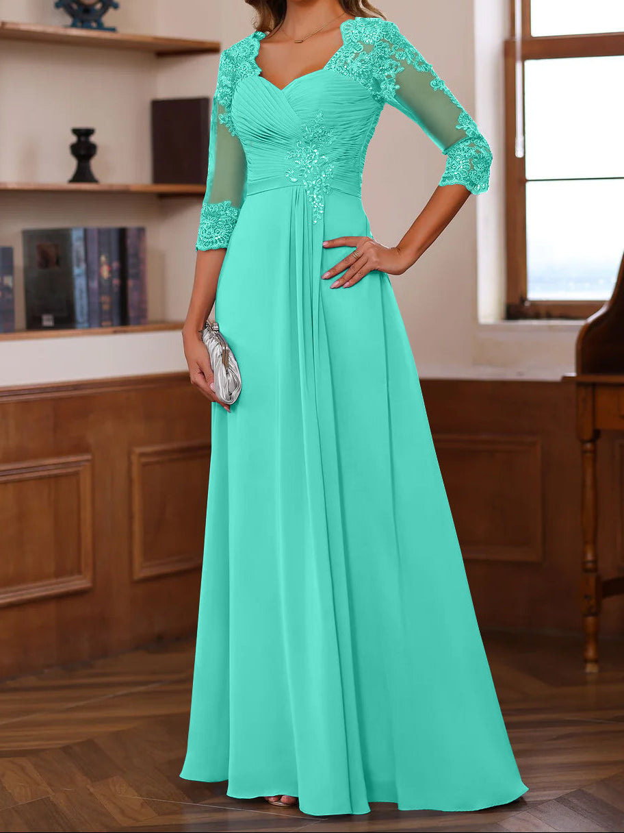 A-Line/Princess Sweetheart Neck 3/4 Length Sleeves Floor-Length Mother Of The Bride Dresses With Lace, Ruffles & Appliques