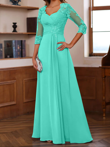 A-Line/Princess Sweetheart Neck 3/4 Length Sleeves Floor-Length Mother Of The Bride Dresses With Lace, Ruffles & Appliques