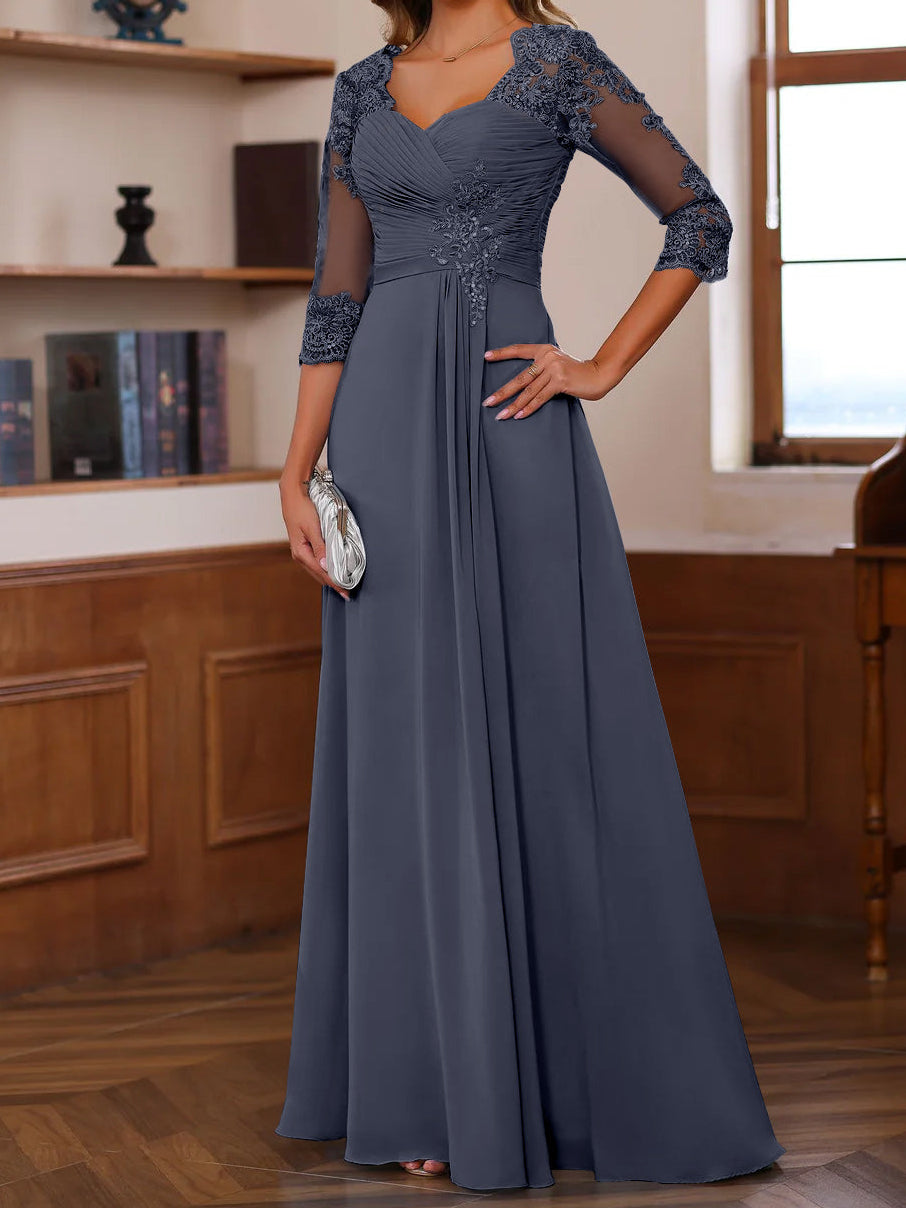 A-Line/Princess Sweetheart Neck 3/4 Length Sleeves Floor-Length Mother Of The Bride Dresses With Lace, Ruffles & Appliques