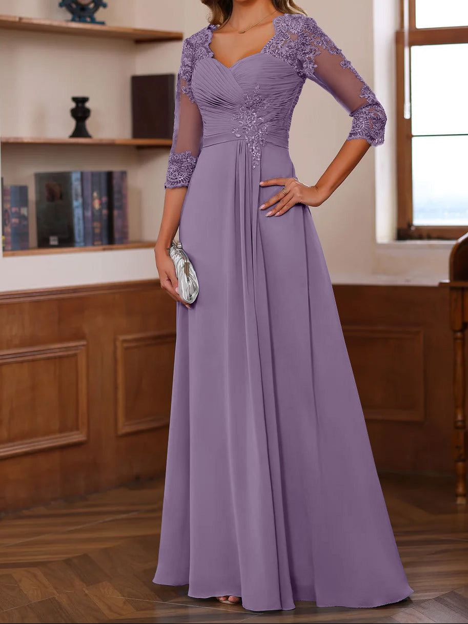 A-Line/Princess Sweetheart Neck 3/4 Length Sleeves Floor-Length Mother Of The Bride Dresses With Lace, Ruffles & Appliques