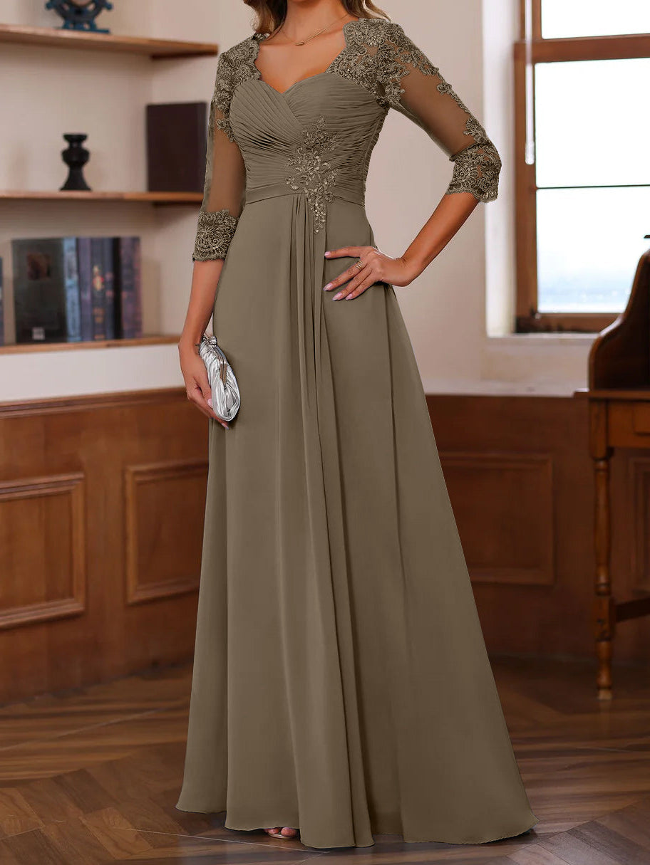 A-Line/Princess Sweetheart Neck 3/4 Length Sleeves Floor-Length Mother Of The Bride Dresses With Lace, Ruffles & Appliques