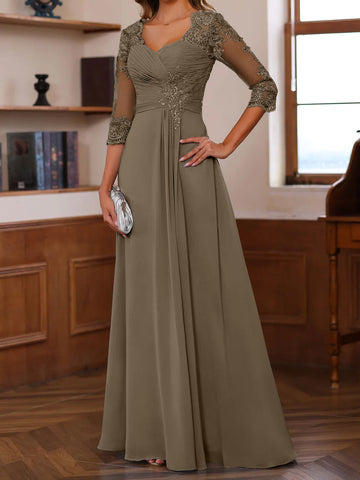 A-Line/Princess Sweetheart Neck 3/4 Length Sleeves Floor-Length Mother Of The Bride Dresses With Lace, Ruffles & Appliques