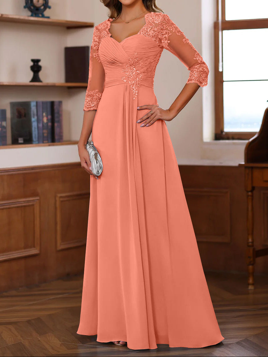 A-Line/Princess Sweetheart Neck 3/4 Length Sleeves Floor-Length Mother Of The Bride Dresses With Lace, Ruffles & Appliques