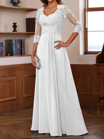 A-Line/Princess Sweetheart Neck 3/4 Length Sleeves Floor-Length Mother Of The Bride Dresses With Lace, Ruffles & Appliques