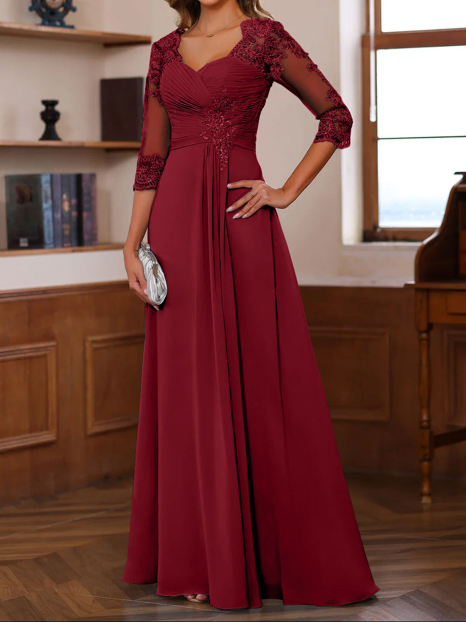 A-Line/Princess Sweetheart Neck 3/4 Length Sleeves Floor-Length Mother Of The Bride Dresses With Lace, Ruffles & Appliques