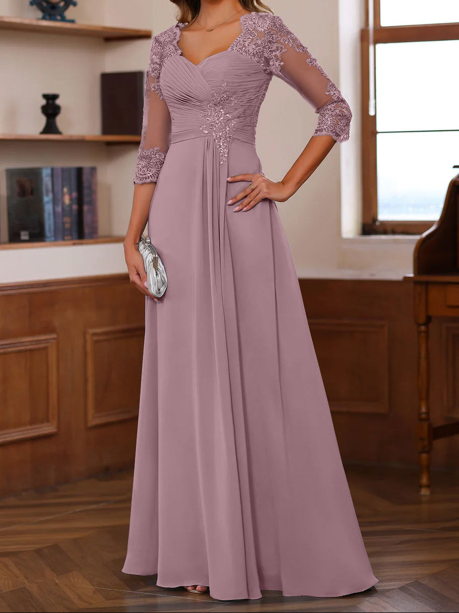 A-Line/Princess Sweetheart Neck 3/4 Length Sleeves Floor-Length Mother Of The Bride Dresses With Lace, Ruffles & Appliques