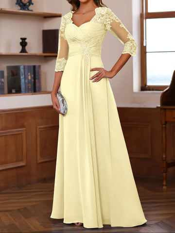 A-Line/Princess Sweetheart Neck 3/4 Length Sleeves Floor-Length Mother Of The Bride Dresses With Lace, Ruffles & Appliques