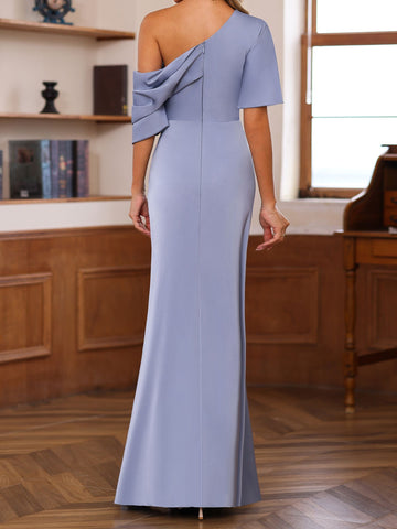 Sheath/Column One-Shoulder Half Sleeves Floor-Length Silk Satin Mother of the Bride Dresses with Ruffles