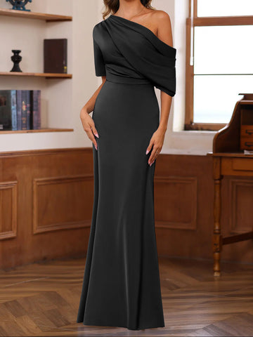 Sheath/Column One-Shoulder Half Sleeves Floor-Length Silk Satin Mother of the Bride Dresses with Ruffles