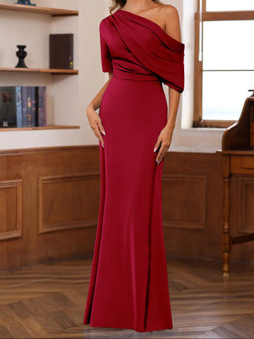 Sheath/Column One-Shoulder Half Sleeves Floor-Length Silk Satin Mother of the Bride Dresses with Ruffles