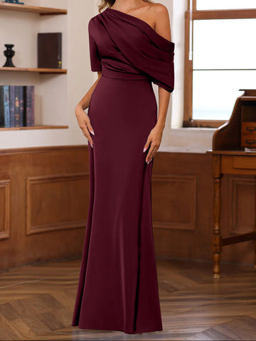Sheath/Column One-Shoulder Half Sleeves Floor-Length Silk Satin Mother of the Bride Dresses with Ruffles