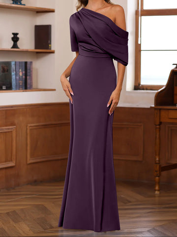 Sheath/Column One-Shoulder Half Sleeves Floor-Length Silk Satin Mother of the Bride Dresses with Ruffles