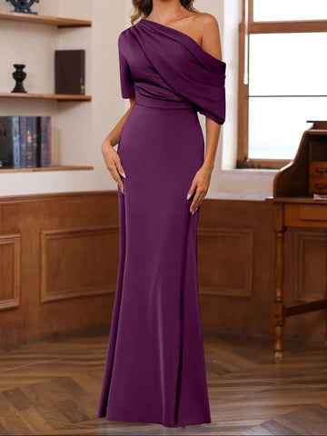 Sheath/Column One-Shoulder Half Sleeves Floor-Length Silk Satin Mother of the Bride Dresses with Ruffles