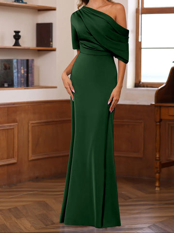 Sheath/Column One-Shoulder Half Sleeves Floor-Length Silk Satin Mother of the Bride Dresses with Ruffles