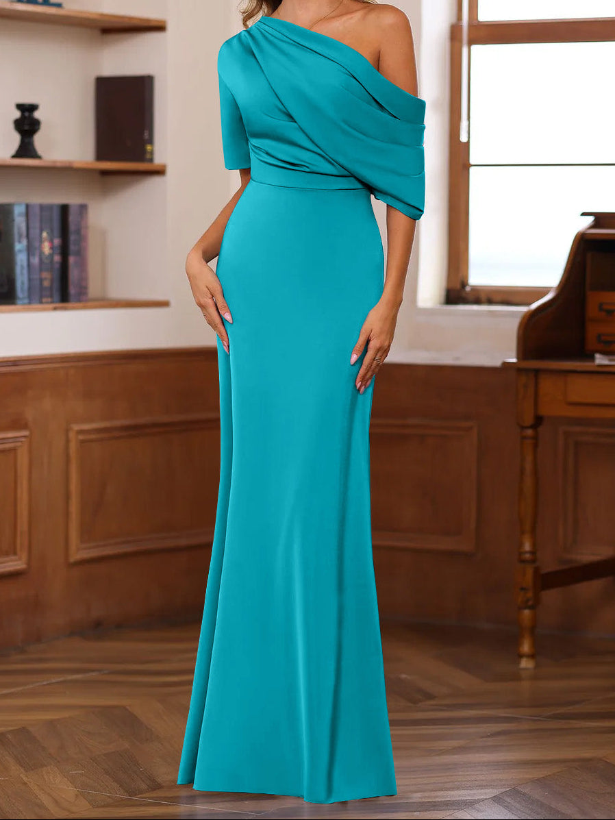 Sheath/Column One-Shoulder Half Sleeves Floor-Length Silk Satin Mother of the Bride Dresses with Ruffles