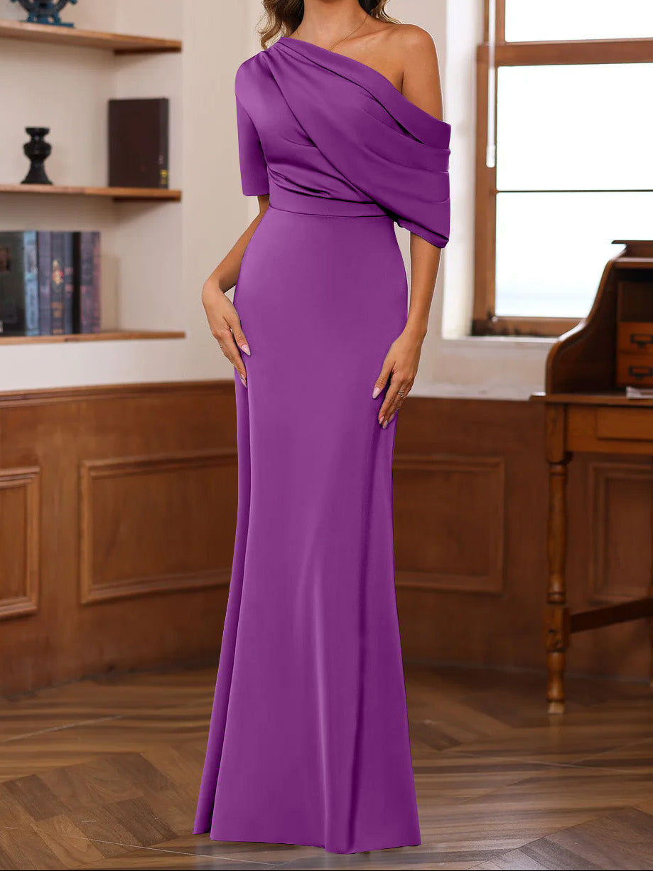 Sheath/Column One-Shoulder Half Sleeves Floor-Length Silk Satin Mother of the Bride Dresses with Ruffles