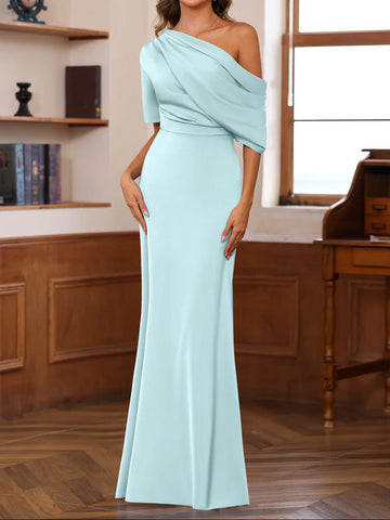 Sheath/Column One-Shoulder Half Sleeves Floor-Length Silk Satin Mother of the Bride Dresses with Ruffles