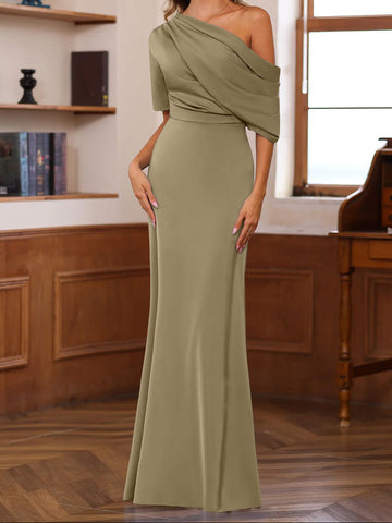 Sheath/Column One-Shoulder Half Sleeves Floor-Length Silk Satin Mother of the Bride Dresses with Ruffles
