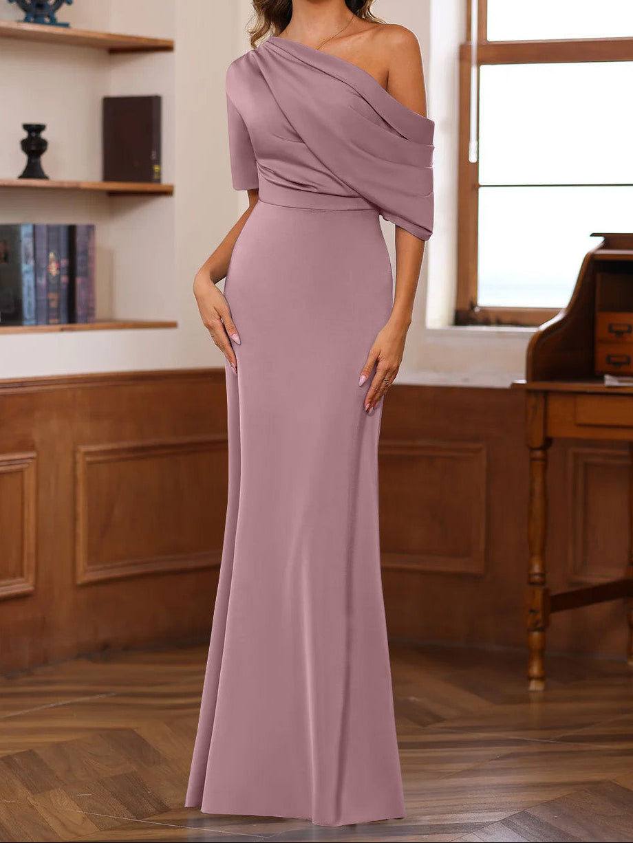 Sheath/Column One-Shoulder Half Sleeves Floor-Length Silk Satin Mother of the Bride Dresses with Ruffles