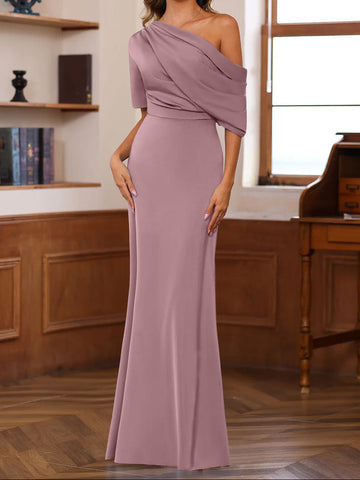 Sheath/Column One-Shoulder Half Sleeves Floor-Length Silk Satin Mother of the Bride Dresses with Ruffles