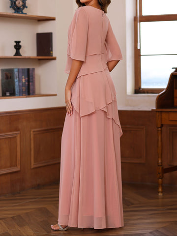 A-Line/Princess Scoop Neck Half Sleeves Floor-Length Mother of the Bride Dresses with Ruffles