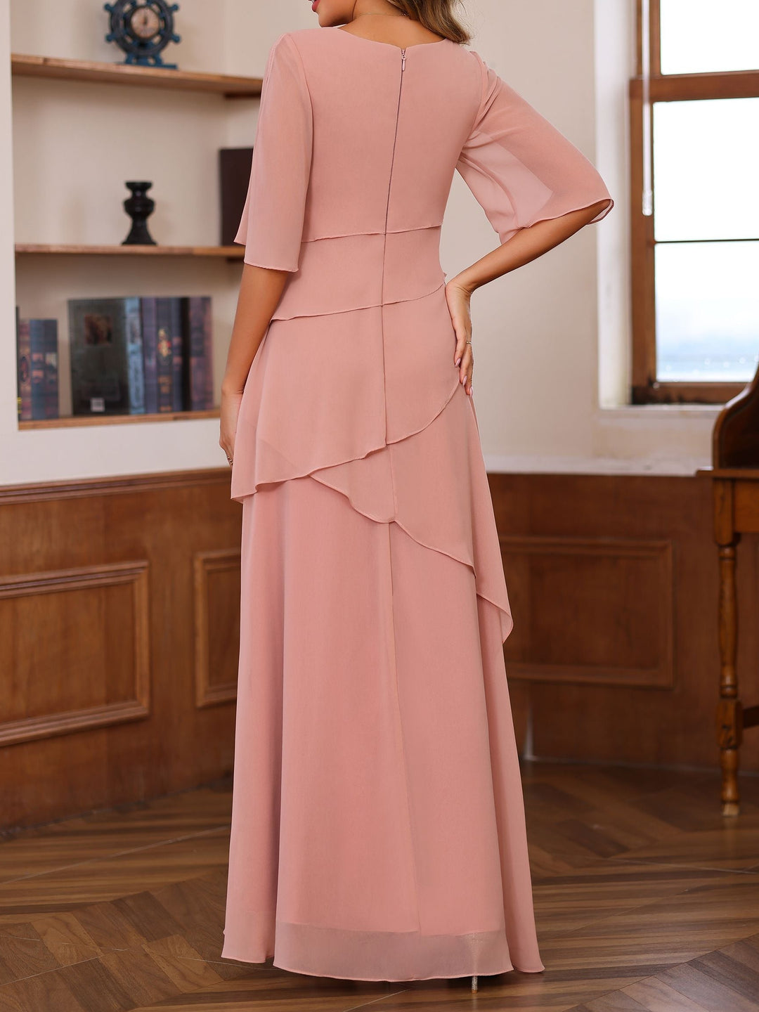 A-Line/Princess Scoop Neck Half Sleeves Floor-Length Mother of the Bride Dresses with Ruffles
