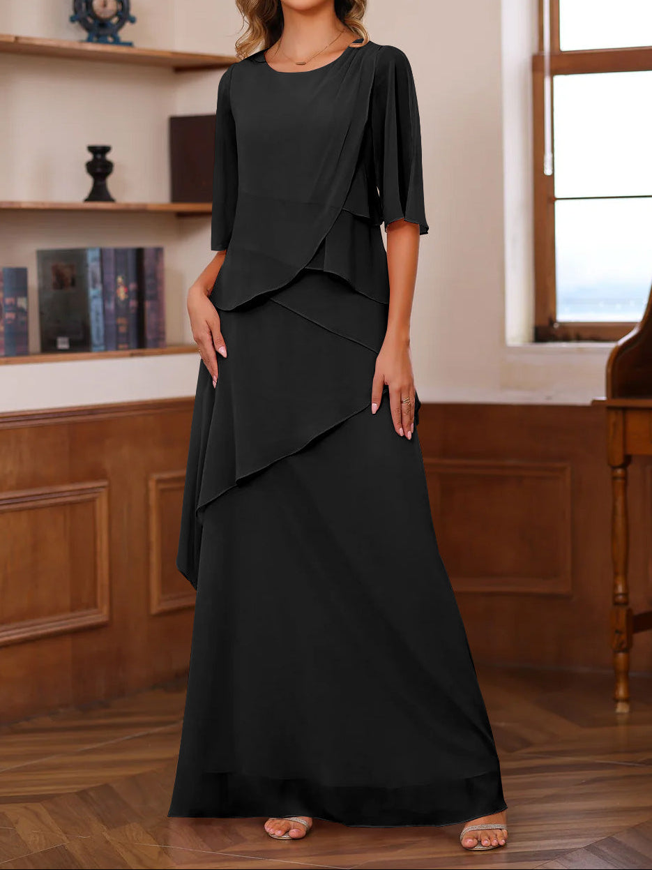 A-Line/Princess Scoop Neck Half Sleeves Floor-Length Mother of the Bride Dresses with Ruffles