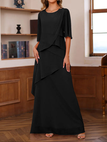 A-Line/Princess Scoop Neck Half Sleeves Floor-Length Mother of the Bride Dresses with Ruffles