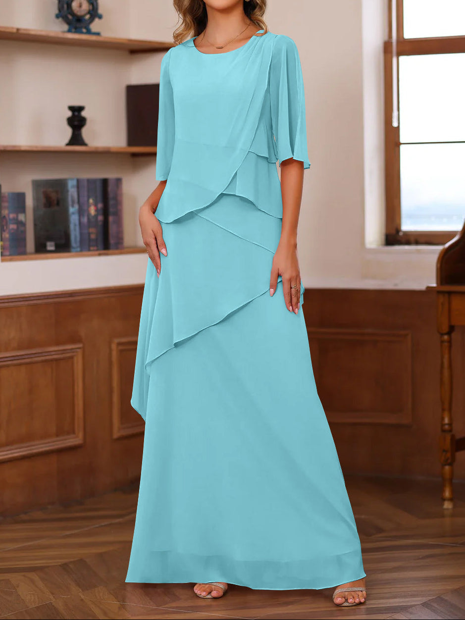 A-Line/Princess Scoop Neck Half Sleeves Floor-Length Mother of the Bride Dresses with Ruffles