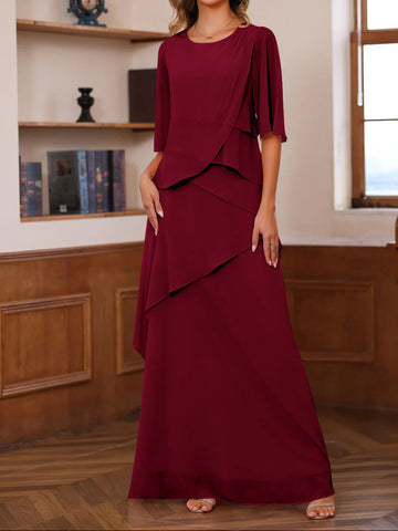 A-Line/Princess Scoop Neck Half Sleeves Floor-Length Mother of the Bride Dresses with Ruffles