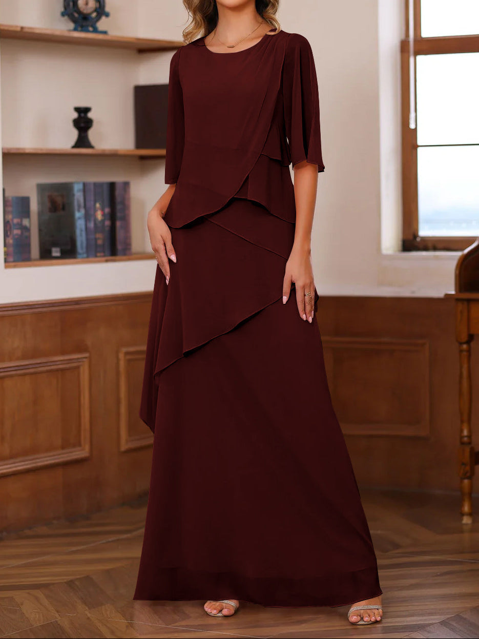 A-Line/Princess Scoop Neck Half Sleeves Floor-Length Mother of the Bride Dresses with Ruffles