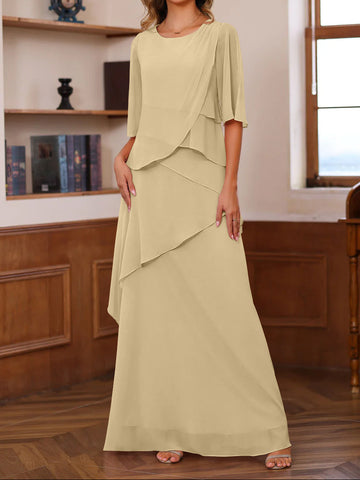 A-Line/Princess Scoop Neck Half Sleeves Floor-Length Mother of the Bride Dresses with Ruffles