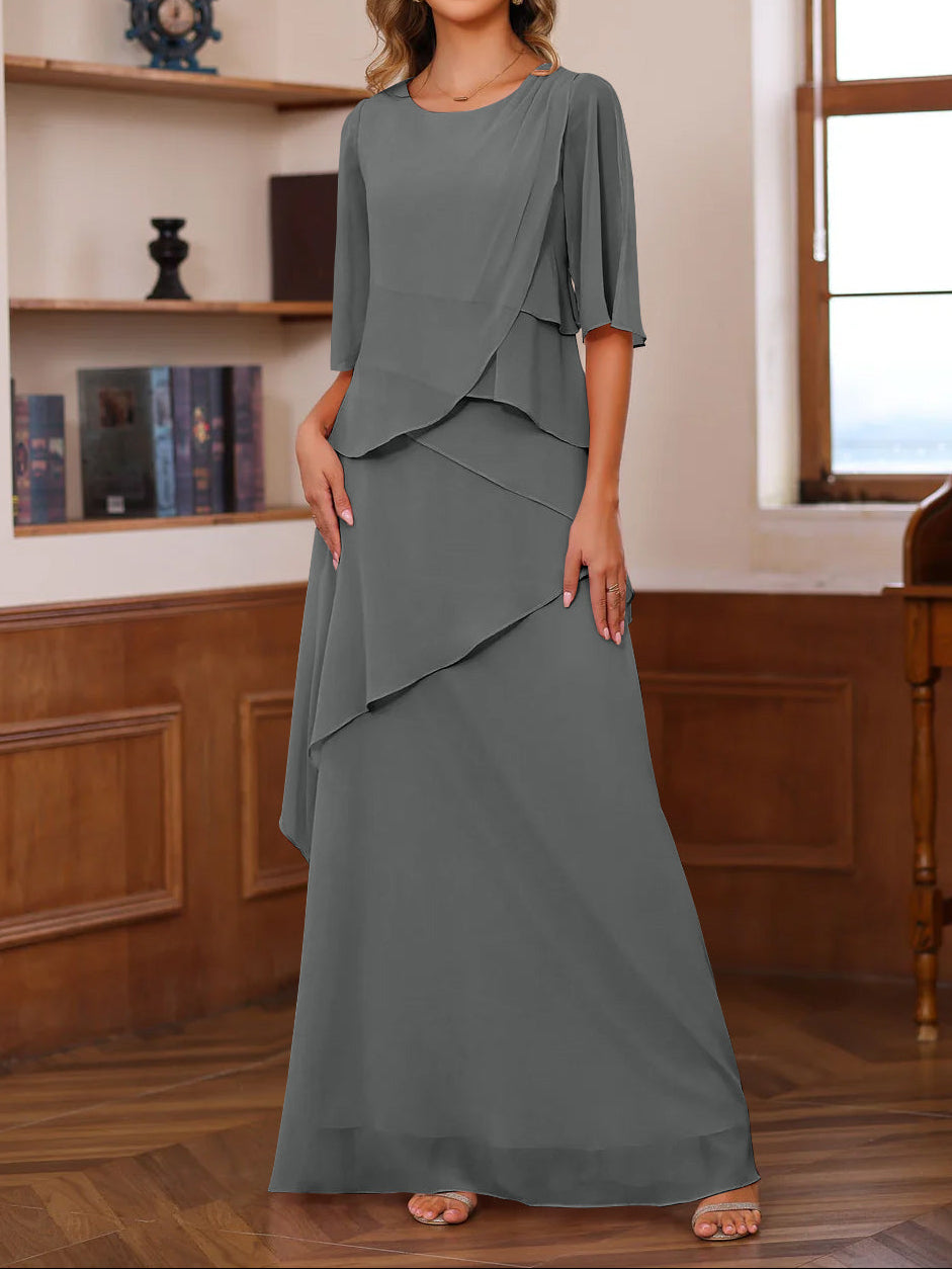 A-Line/Princess Scoop Neck Half Sleeves Floor-Length Mother of the Bride Dresses with Ruffles