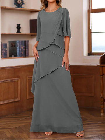 A-Line/Princess Scoop Neck Half Sleeves Floor-Length Mother of the Bride Dresses with Ruffles