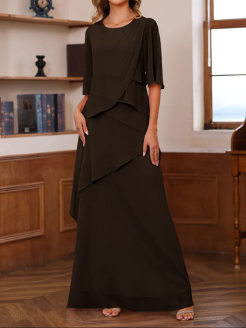 A-Line/Princess Scoop Neck Half Sleeves Floor-Length Mother of the Bride Dresses with Ruffles