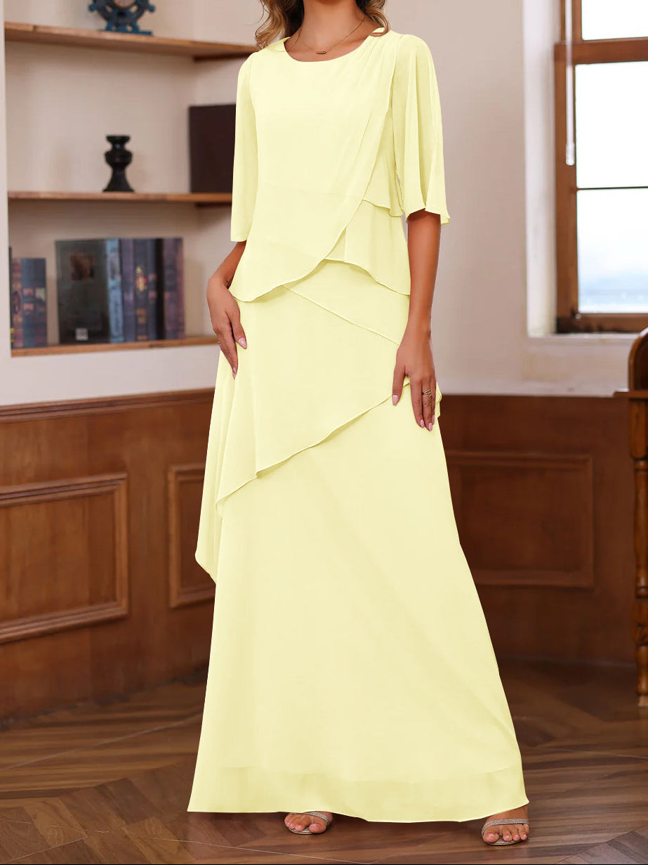 A-Line/Princess Scoop Neck Half Sleeves Floor-Length Mother of the Bride Dresses with Ruffles
