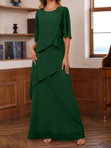 A-Line/Princess Scoop Neck Half Sleeves Floor-Length Mother of the Bride Dresses with Ruffles