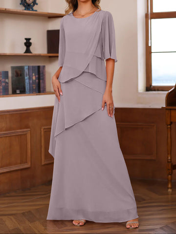 A-Line/Princess Scoop Neck Half Sleeves Floor-Length Mother of the Bride Dresses with Ruffles