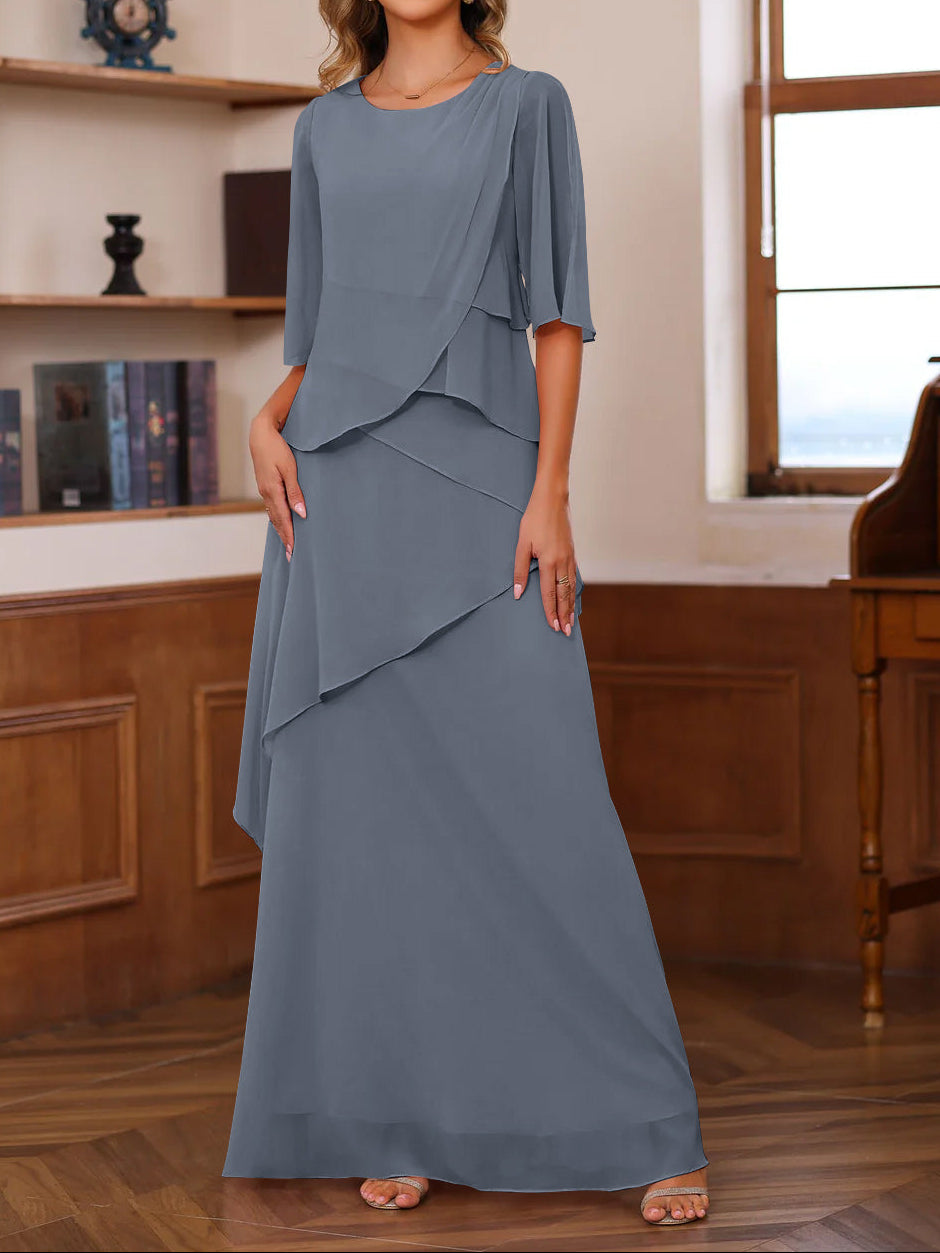 A-Line/Princess Scoop Neck Half Sleeves Floor-Length Mother of the Bride Dresses with Ruffles