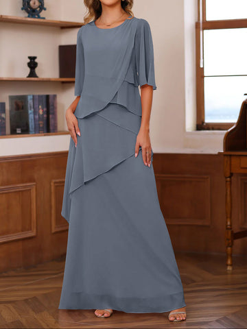 A-Line/Princess Scoop Neck Half Sleeves Floor-Length Mother of the Bride Dresses with Ruffles