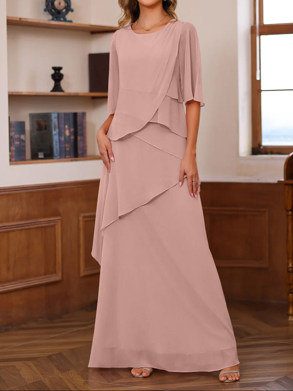A-Line/Princess Scoop Neck Half Sleeves Floor-Length Mother of the Bride Dresses with Ruffles