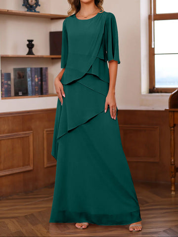 A-Line/Princess Scoop Neck Half Sleeves Floor-Length Mother of the Bride Dresses with Ruffles