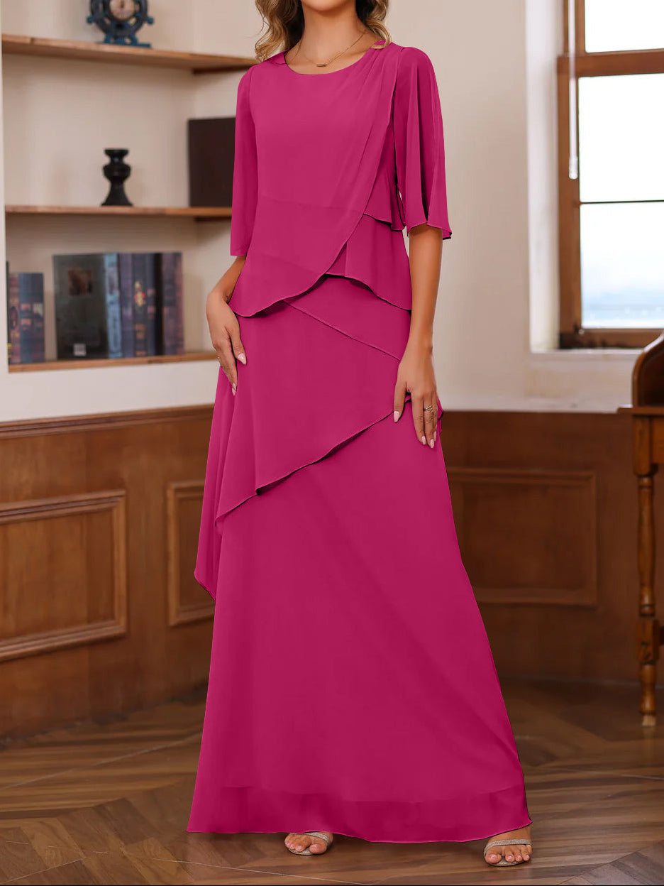 A-Line/Princess Scoop Neck Half Sleeves Floor-Length Mother of the Bride Dresses with Ruffles