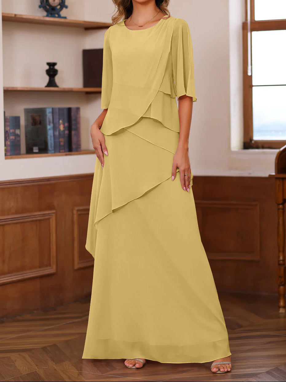 A-Line/Princess Scoop Neck Half Sleeves Floor-Length Mother of the Bride Dresses with Ruffles