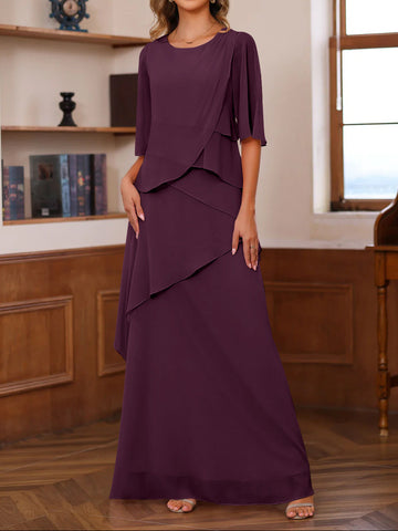 A-Line/Princess Scoop Neck Half Sleeves Floor-Length Mother of the Bride Dresses with Ruffles